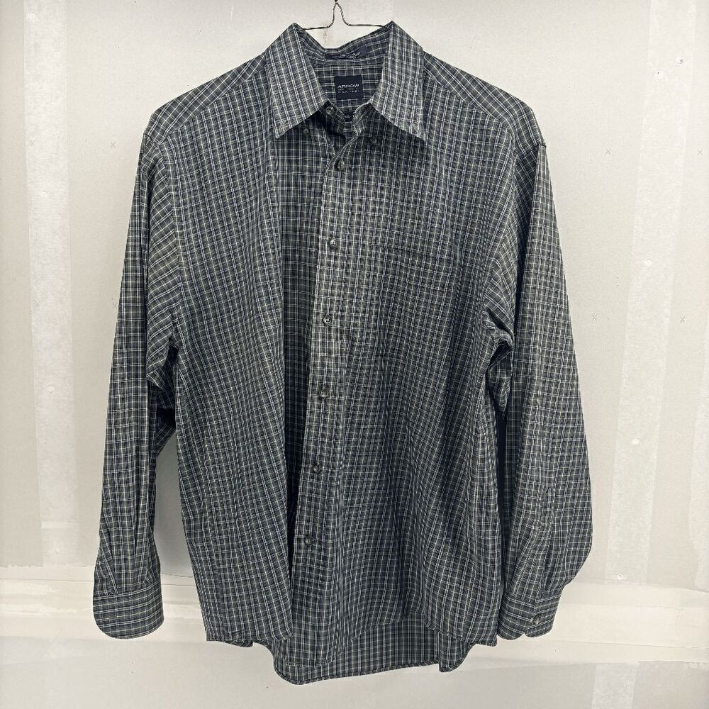 Vintage Arrow Heavy Weave Plaid Green Blue Oxford Size 15.5 M Outdoors Work EUC